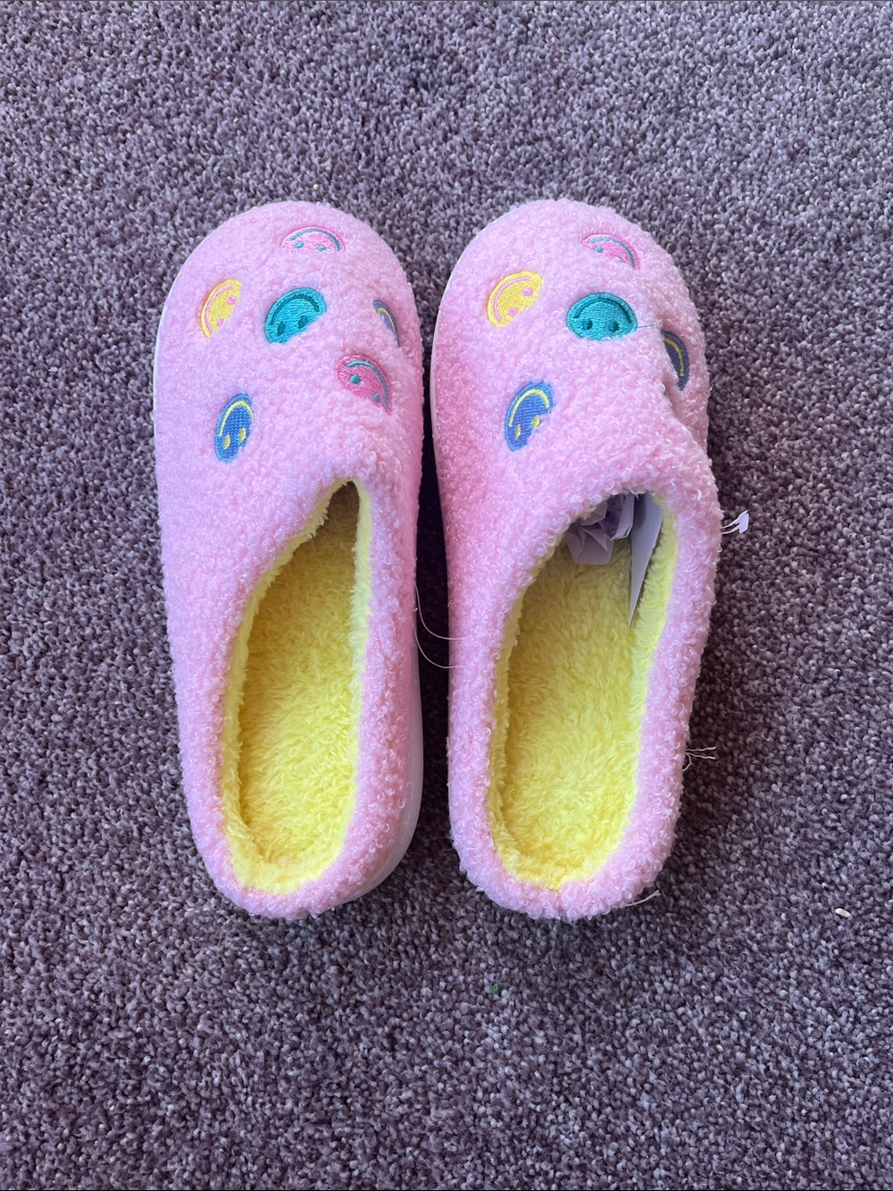 Pink Fuzzy One-Piece Slipper Shoes with Rainbow Smiley Embroidery